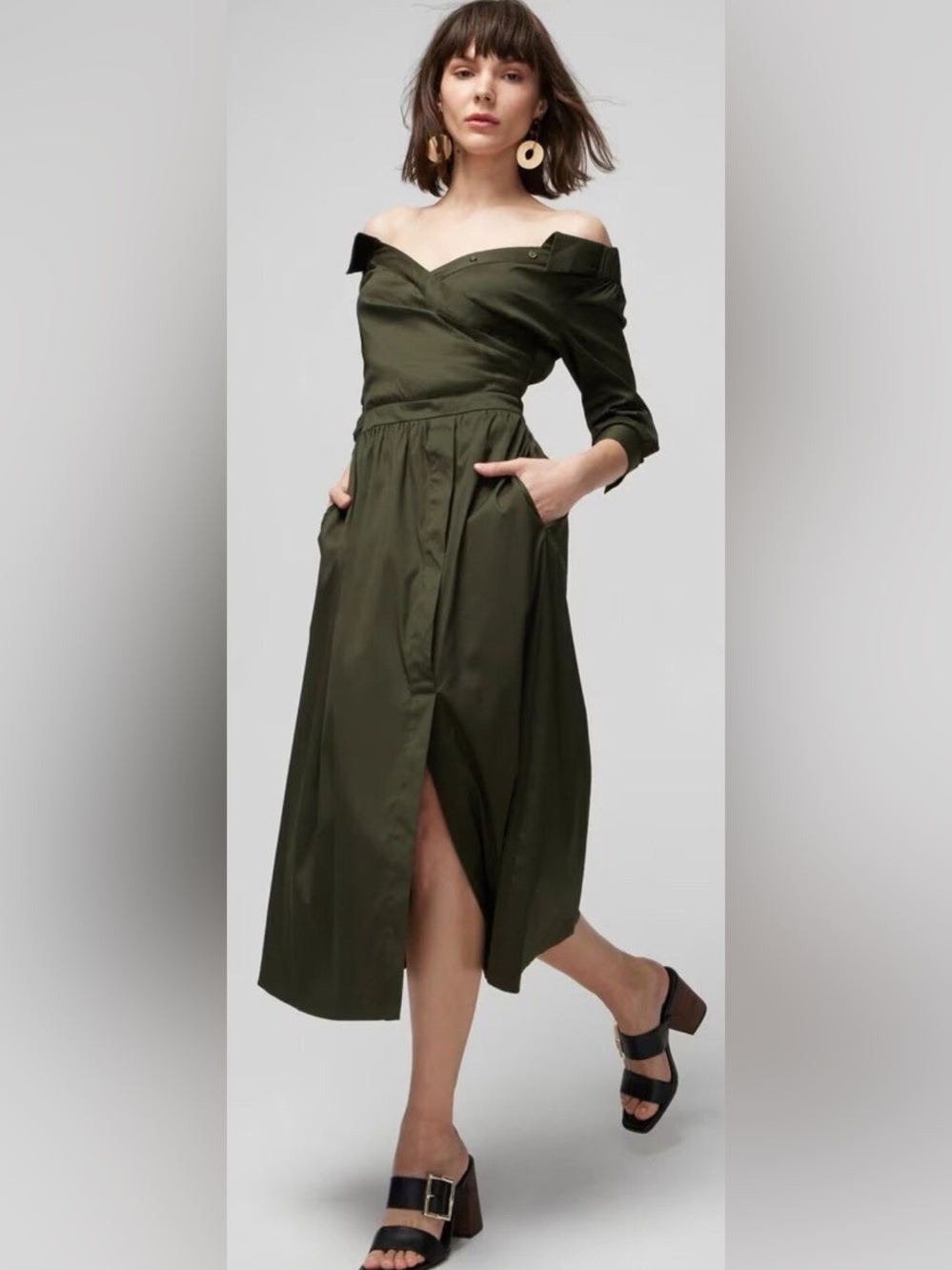 White House Black Market  olive Green Trench Dress with Front Slit